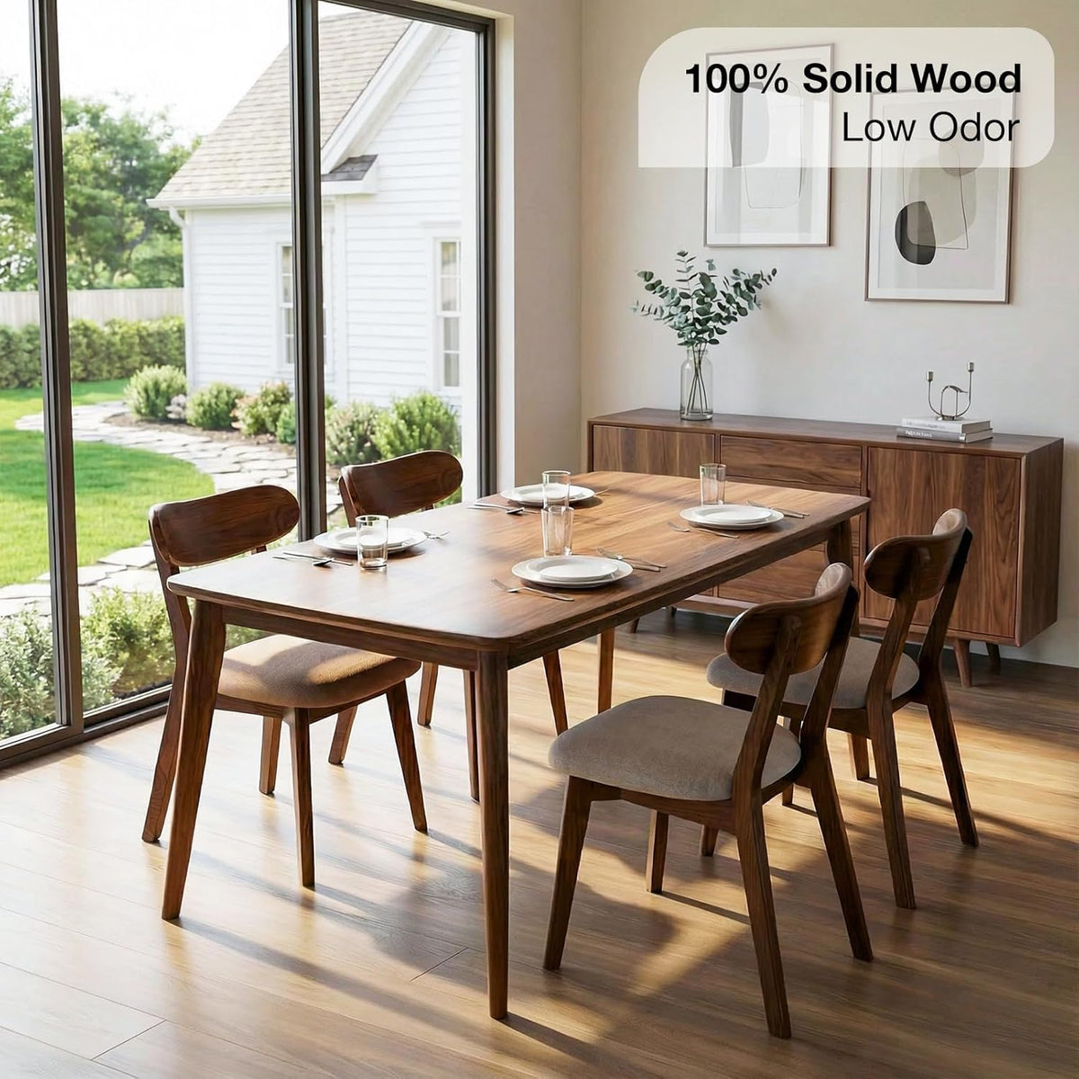 100% Solid Oak Wood Dining Room Chairs - Practical Kitchen Chairs - Wood Chair for Dining Room, Kitchen (8, Walnut with Grey Cushion)