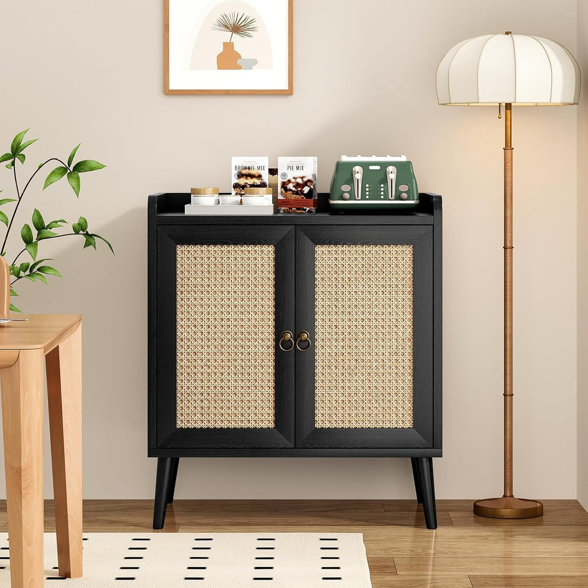 Sideboard Buffet Cabinet with Storage, Rustic Bar Liquor Cabinet with Boho Rattan Decorated Doors, Retro Credenza Console Table for Dining Room Living Room Hallway EntryWay, Black