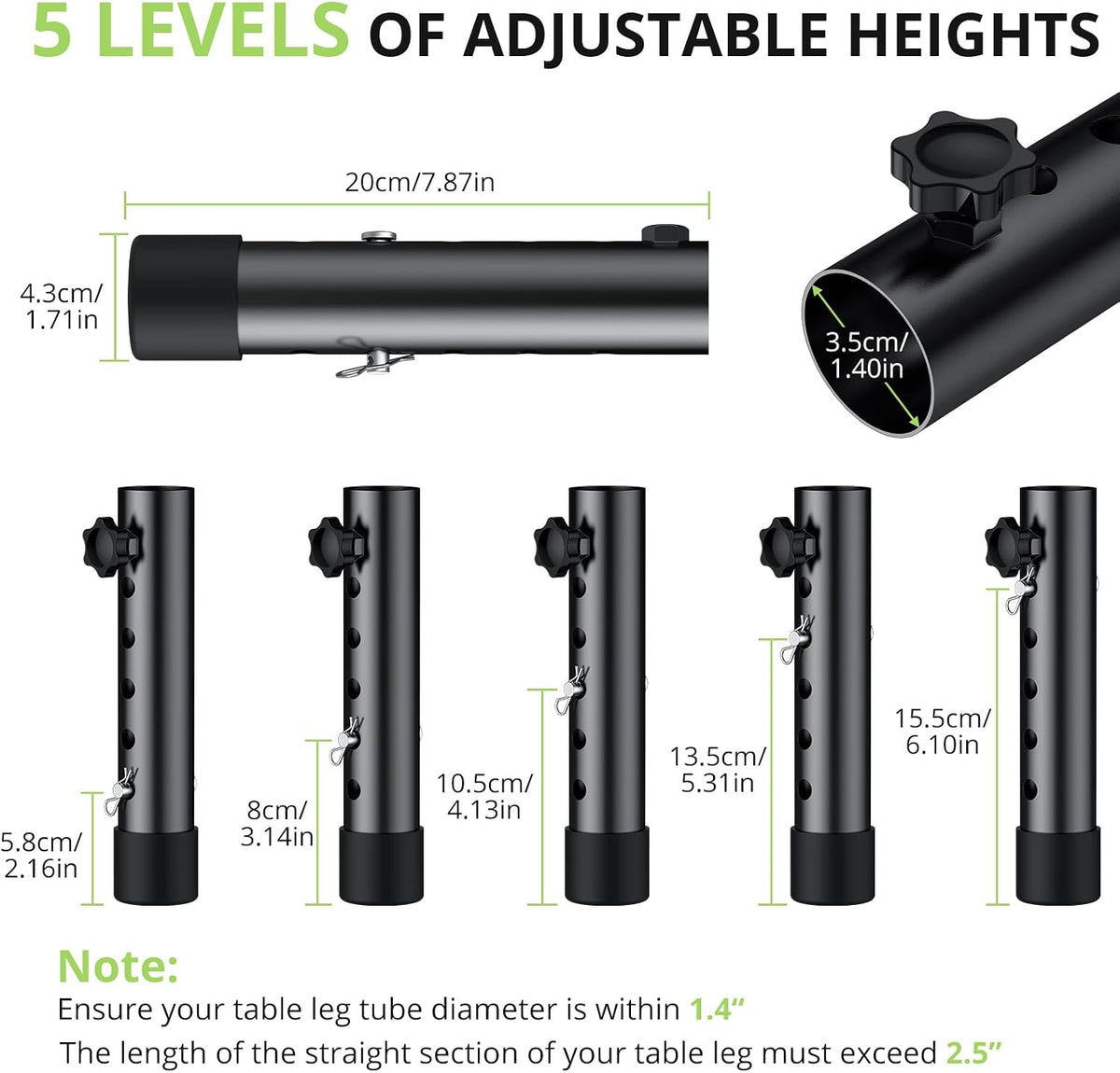 4Pack Folding Table Leg Extenders, 5 Levels Adjustable Height Rise Up to 6.1” Heavy Duty Steel Table Risers for Straight and Bent Legs Under 1.4" Diameters, Black