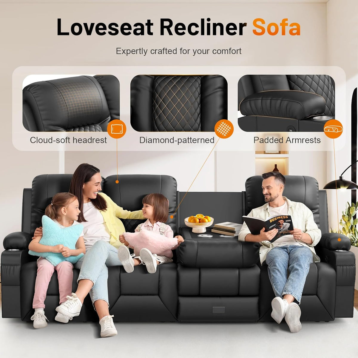 FURNIMAT Recliner Sofa, Modern Dual Reclining Sofa with Flip Back Console, 4 Seater PU Leather Recliner Couch for Living Room/RV, with Storage Drawer, USB Ports, Cup Holder, Cell Phone Holder, Black