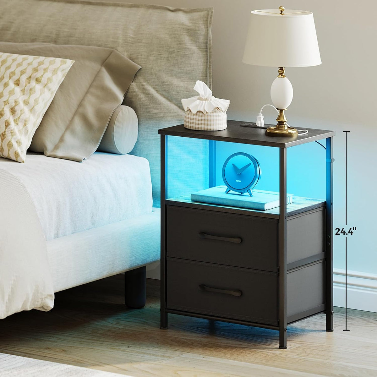 TRIFEBLE Nightstands Set of 2, Night Stand with Charging Station and Led Lights, Bedside Table with 2 Fabric Drawers for Bedroom, Small Side End Table with Open Shelf, Black