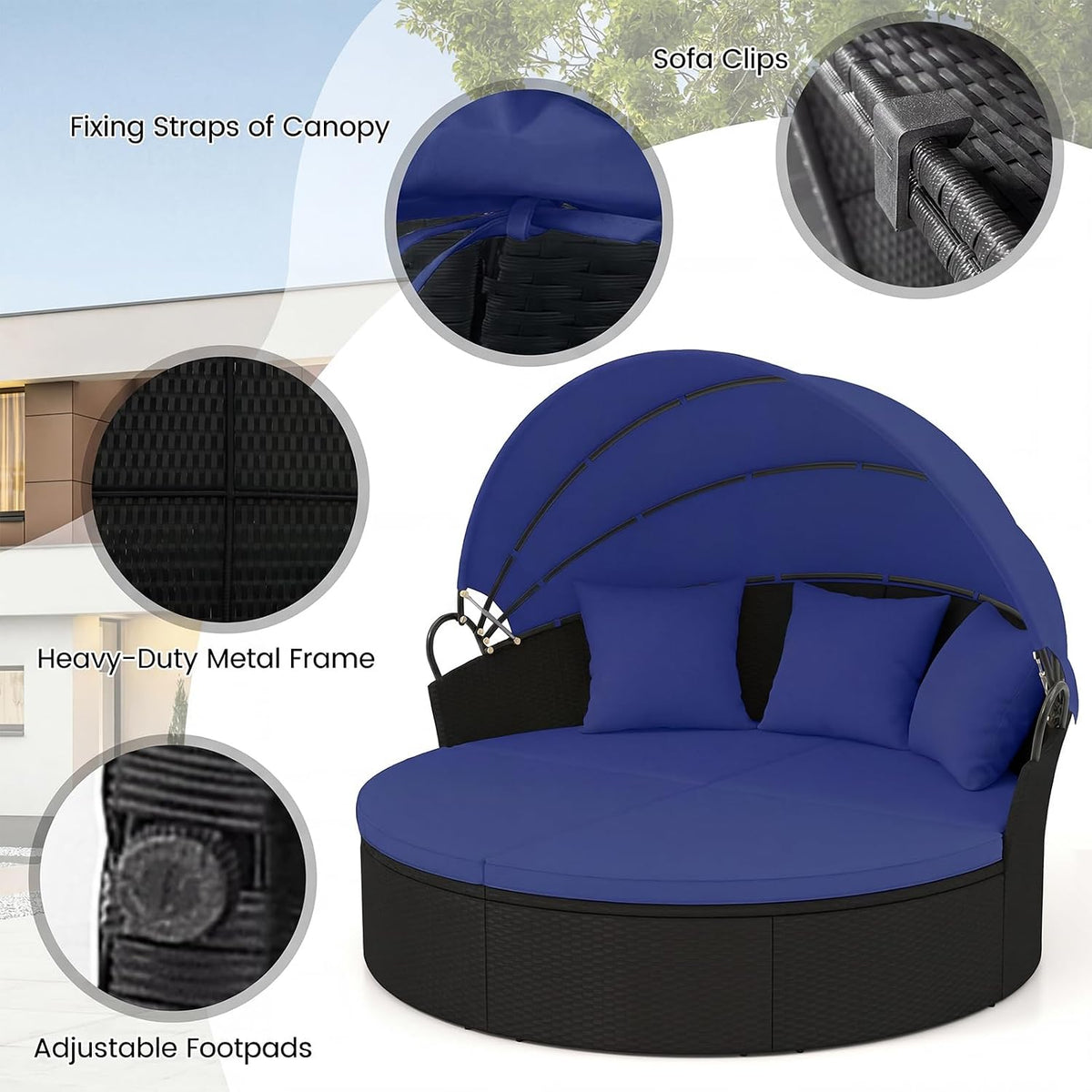 RELAX4LIFE Round Outdoor Daybed with Canopy - Wicker Sectional Sofa Sunbed w/Cushions & 3 Pillows, Rattan Clamshell Conversation Lounger Separated Seating Set for Garden Porch, Patio Day Bed (Navy)