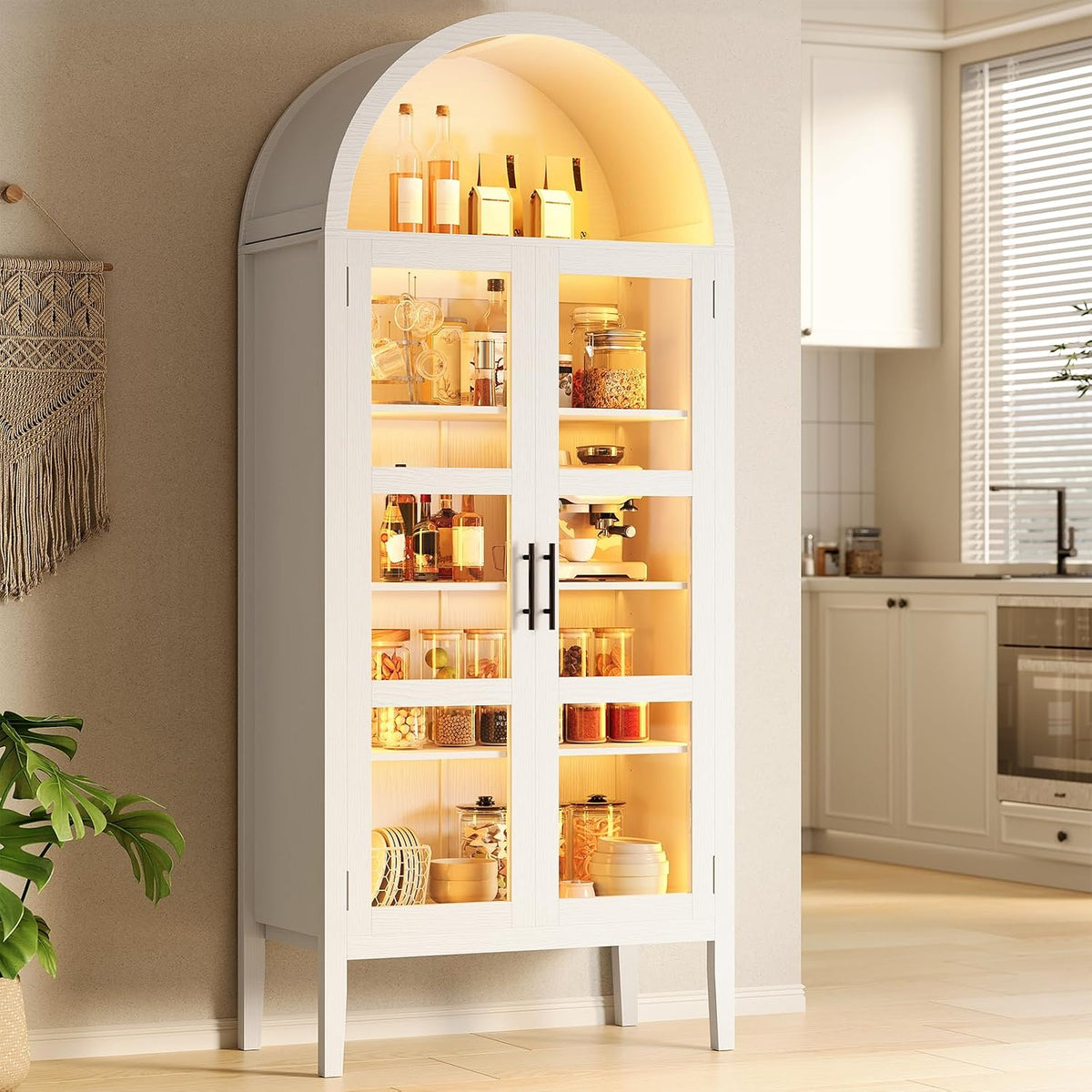 70" Tall Arched Pantry Cabinet with Tempered Glass Doors and LED Lighting - Modern Wood Display Storage with Adjustable Shelves and Acrylic Side Panels - for Kitchen, Dining, Living Room -