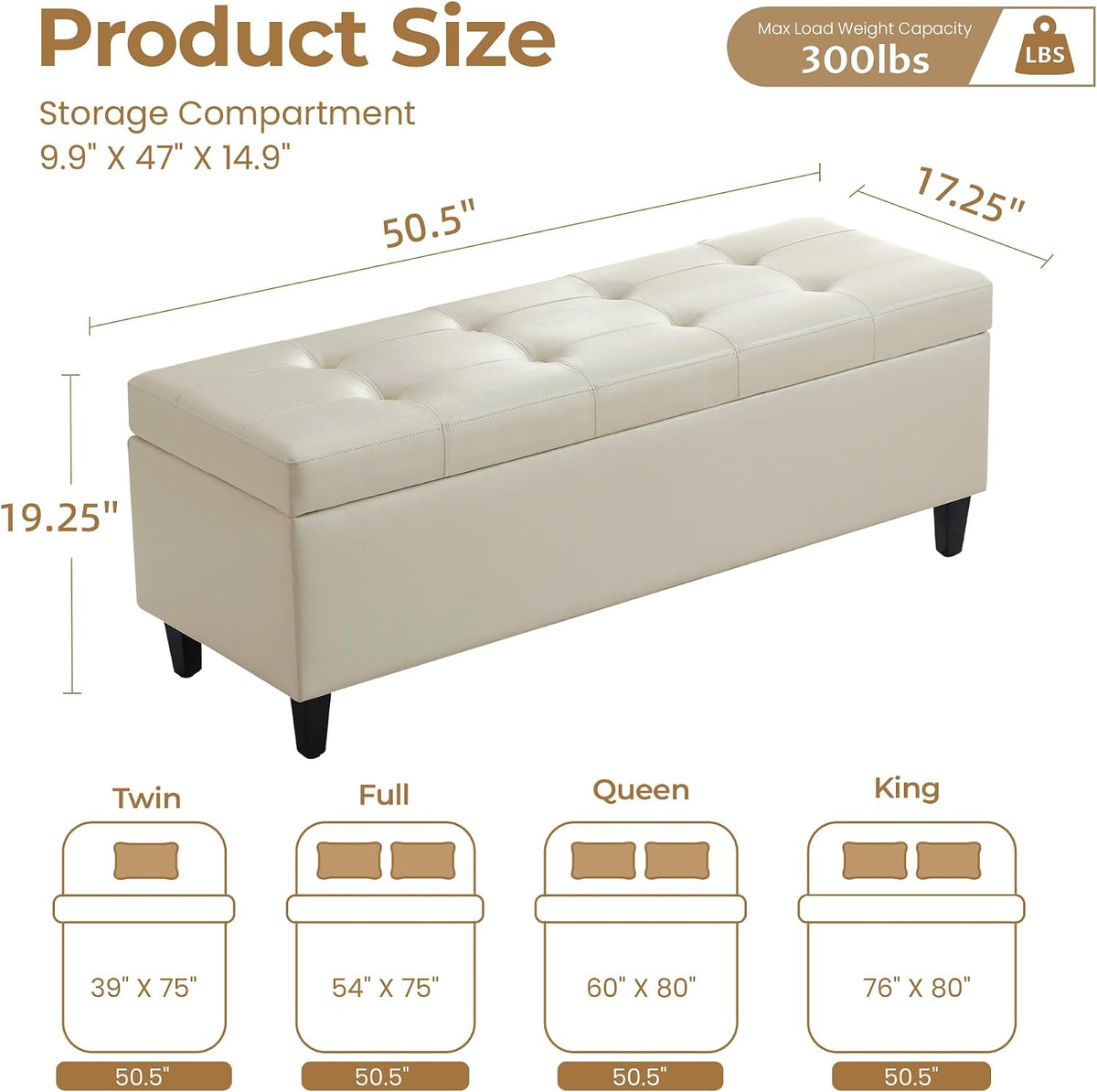 50.5 Inch Storage Ottoman Bench, Faux Leather Tufted Upholstered Bedroom Bench with Safety Hinges, Supports 300 lbs, Large Storage Bench for Living Room, Entryway (Cream)