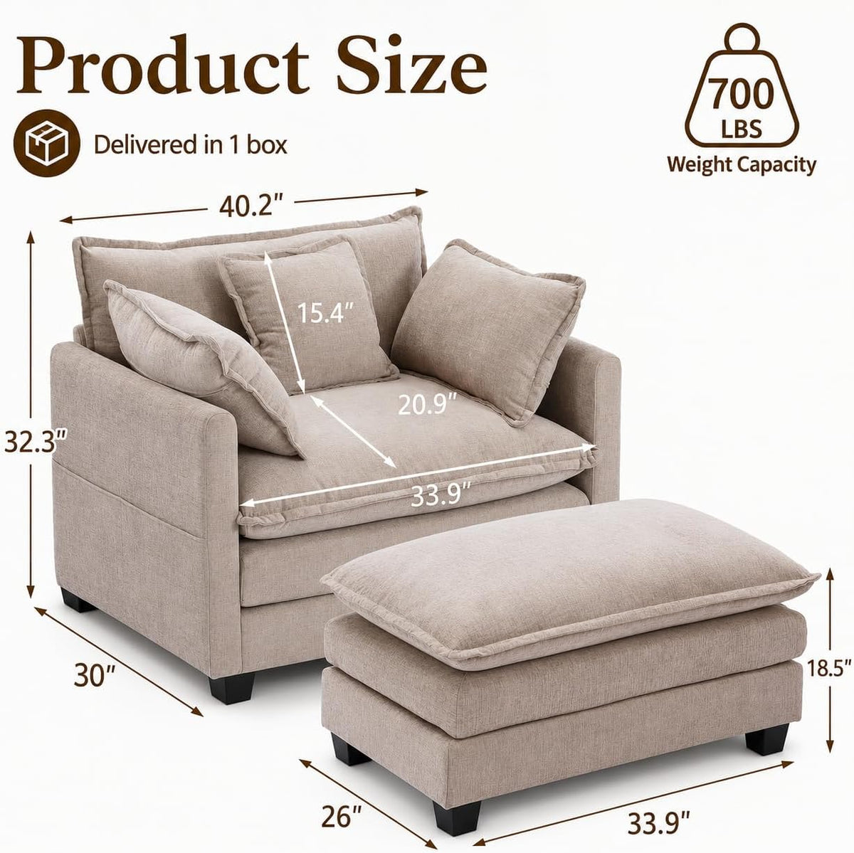 41" Oversized Chair with Ottoman, Chenille Reading Chair and a Half, Deep Seat Comfy Armchair with Pillows for Living Room, Bedroom, Apartment, Home Office (Coffee)