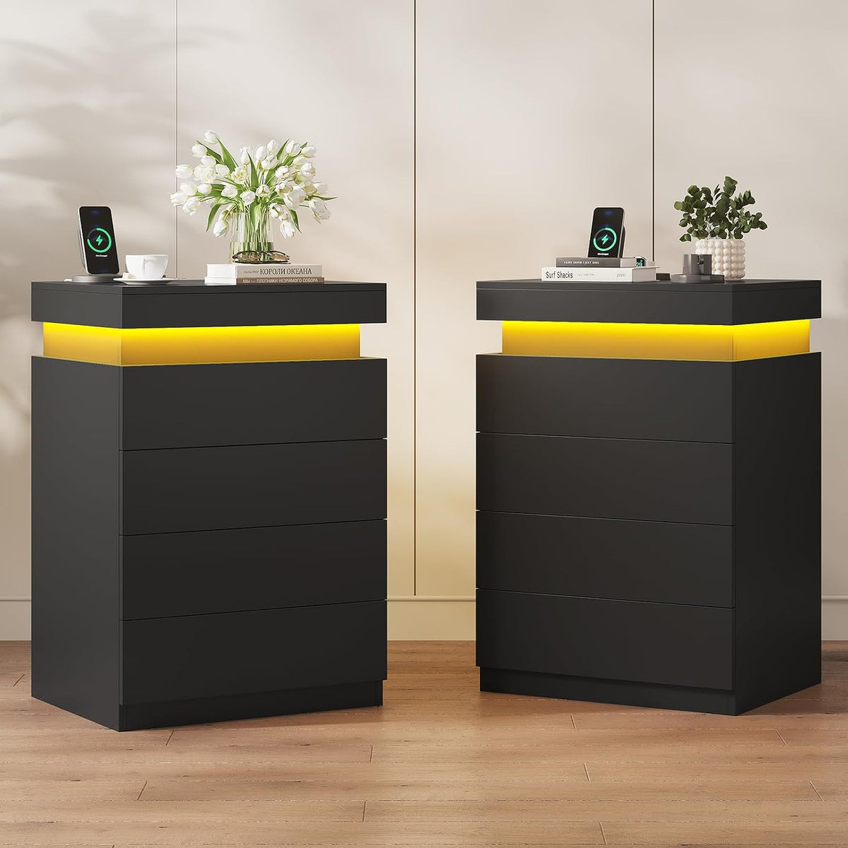 ADORNEVE Black Night Stand with Drawers and LED Lights | Bedside Table with Charging Station,Large Nightstand with Sliding Top,Modern End Side Table for Bedroom