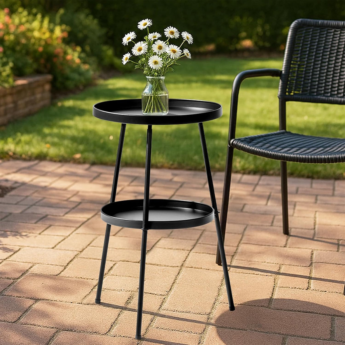 2-Tier Round End Table,Small Side Table Round Metal Coffee Tables Nightstand for Small Spaces Indoor Outdoor and Living Room Bedroom or Office, Black