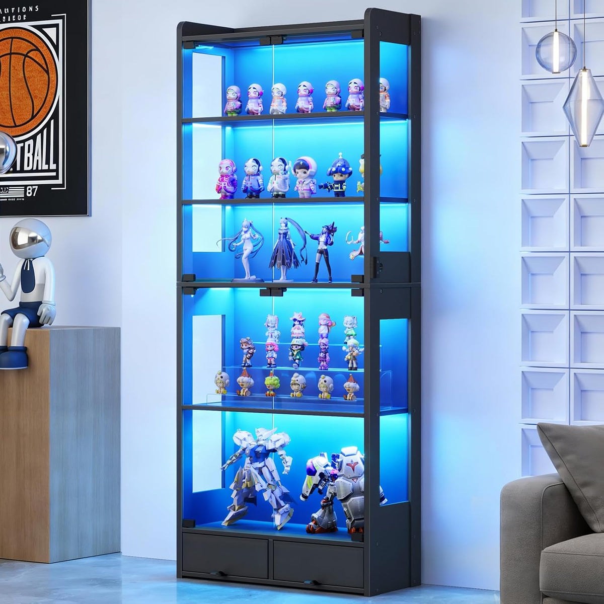 ROCHECASA Glass Display Cabinet 69''H with LED Lights, 5-Tier Showcase with Drawers, Collectible Figure Display Case, Freestanding Curio Cabinet, Tall Storage Shelves, Black, 27.6''W