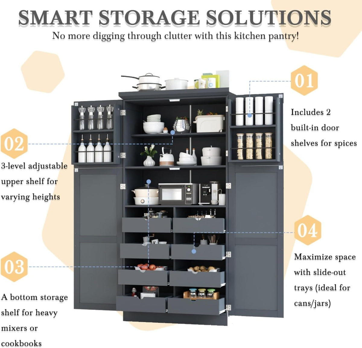 Hassyee 35.5 x 17.6 x 70.9 inch Freestanding Kitchen Pantry Cabinet, Tall Storage Cabinet with 4 Doors, 2 Door Shelves, 8 Pull-Out Trays and Adjustable Shelf for Dining Room (Gray)