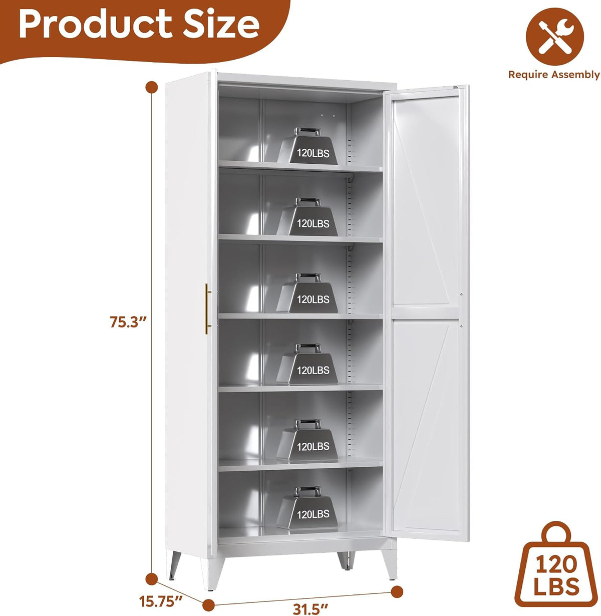 Metal Pantry Cabinet, 75.3-Inch Tall, 5 Adjustable Shelves, White | 75.3"H x 31.5"W x 15.75"D steel cabinet with 5 adjustable shelves, embossed doors, adjustable feet, and required assembly.