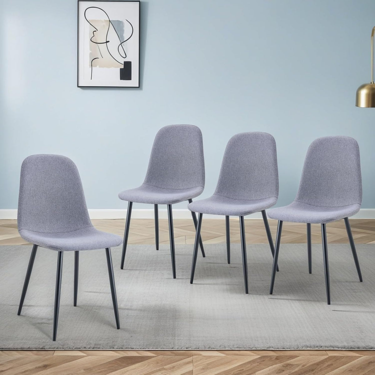 Modern Linen Dining Chairs Set of 4, Luxury Upholstered Kitchen Chairs with High Resilience Foam & Integral Black Metal Legs, Mid-Century Side Chairs for Dining Room, Vanity, Light Grey