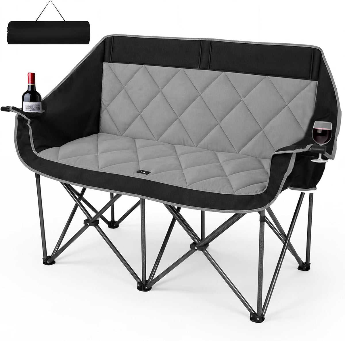 Double Camping Chair for 2 Persons, Oversized Folding Loveseat Camping Chair with Cup & Wine Holders, Heavy Duty 750LBS Support, Portable Camping Couch for Outdoor, Lawn, Beach, Black+Grey