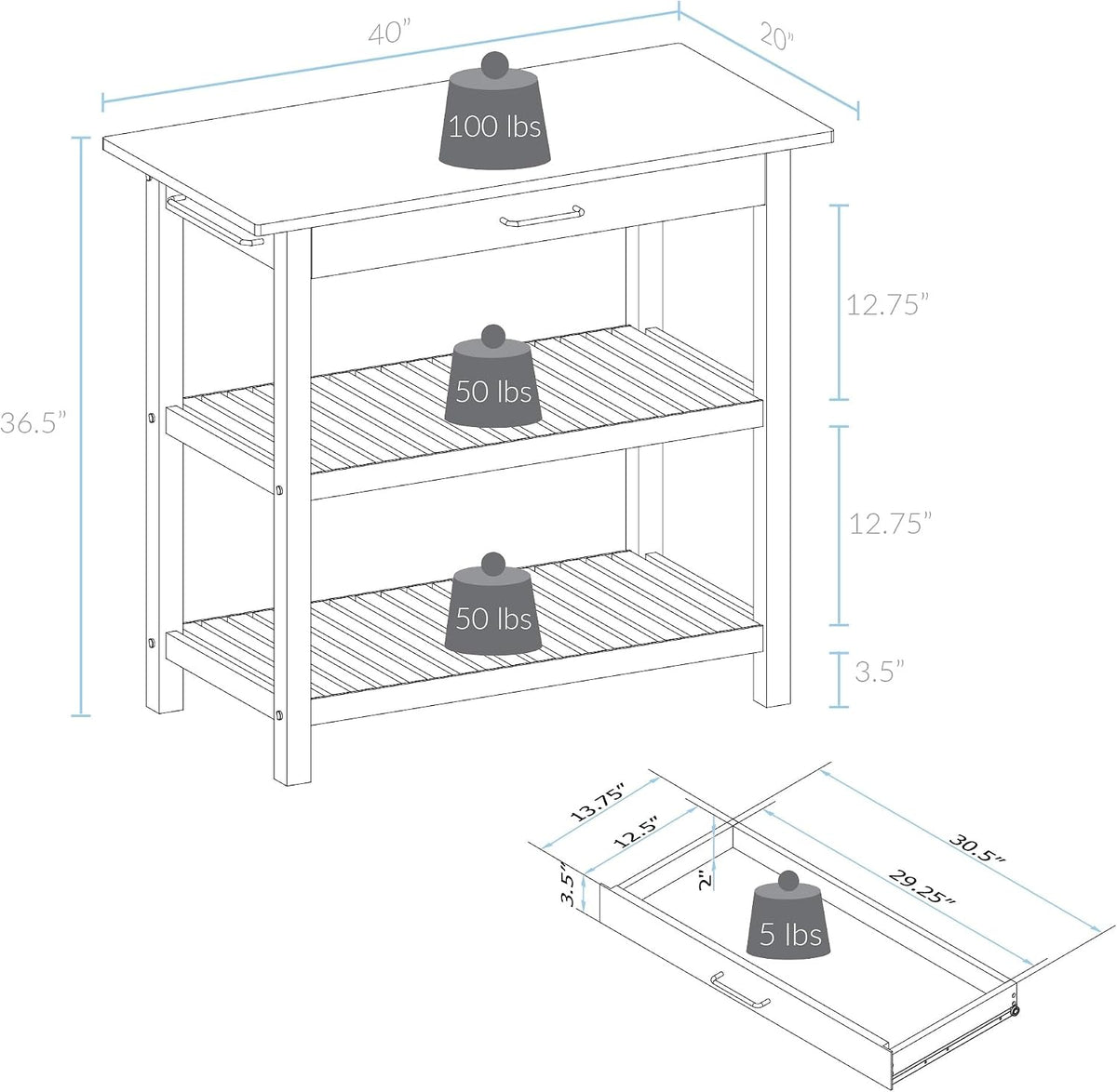 Casual Home Kitchen Island with Solid American Hardwood Top, Slate Gray, 40" W (373-932)