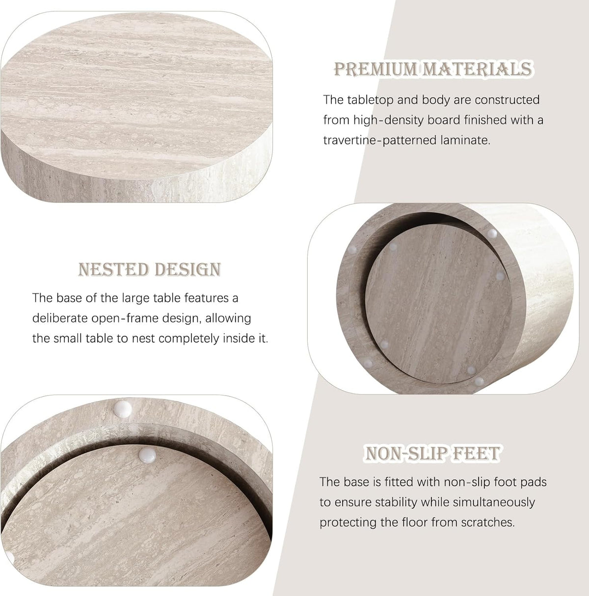 Modern Nesting Coffee Table Set of 2 Round Travertine Finish Nesting Tables Sofa Side Table Small End Table for Living Room, Small Space, No Assembly Required (Grey Travertine)