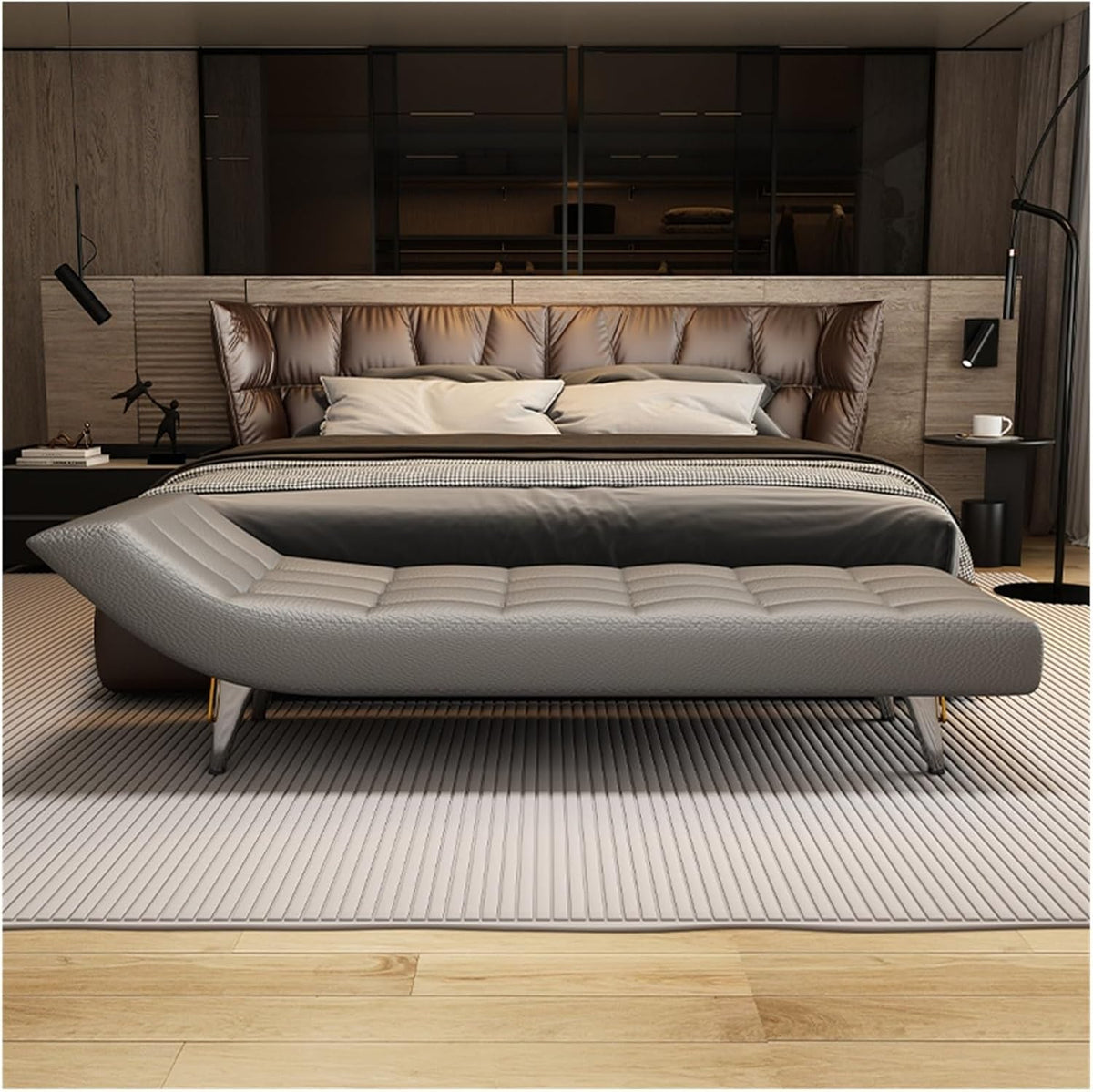 Modern End of Bed Bench, Upholstered Pu Leather Ottoman,Modern Tufted Long,Faux Fur Entryway with Metal Legs Entryway(Gris,1.8m)