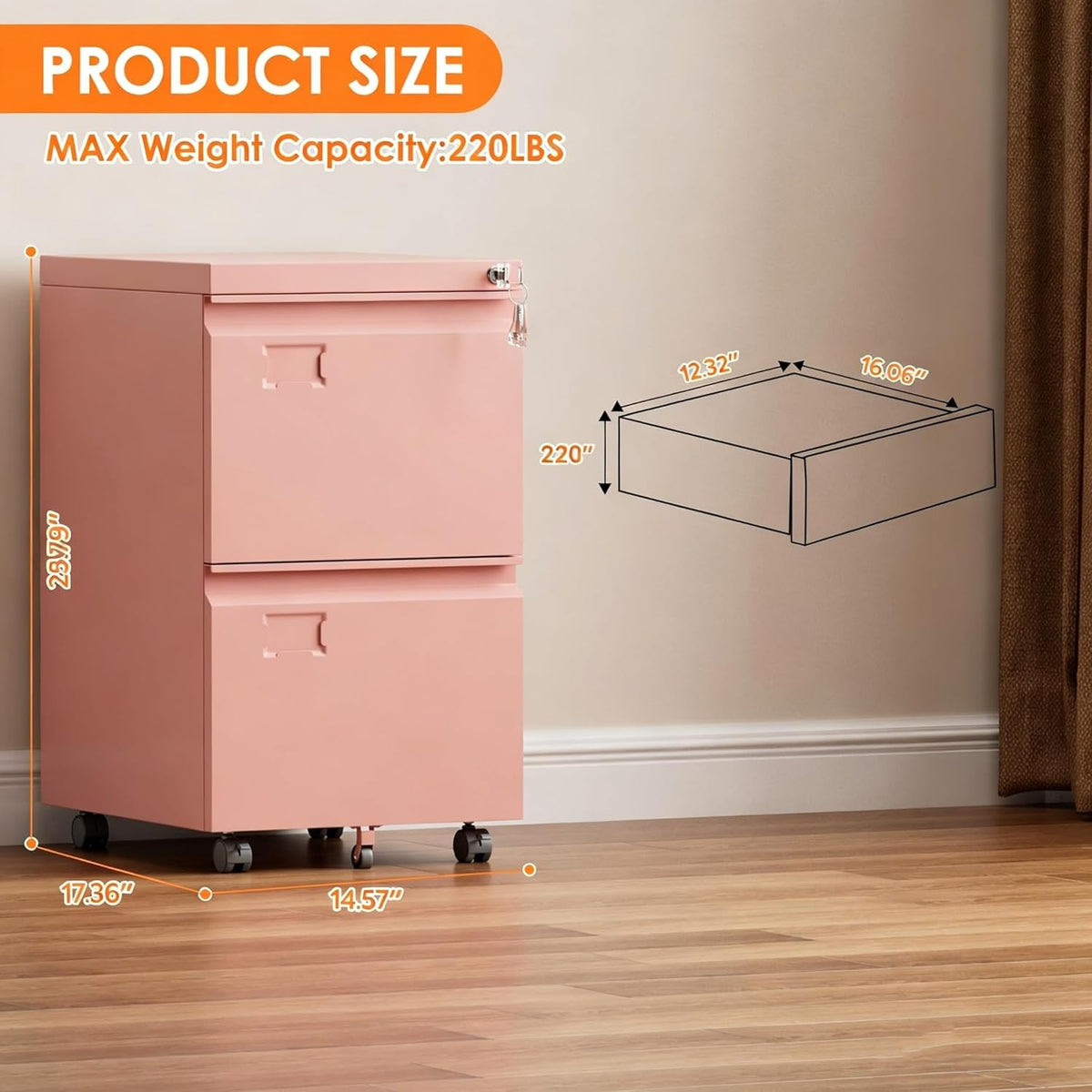 METAN 2 Drawer Metal File Cabinet with Lock, Mobile Rolling Filing Cabinet for Home Office, Under Desk Storage Holds Letter & Legal Size, 17.32" D x 14.56" W x 25.6" H, Assembly Required, Pink