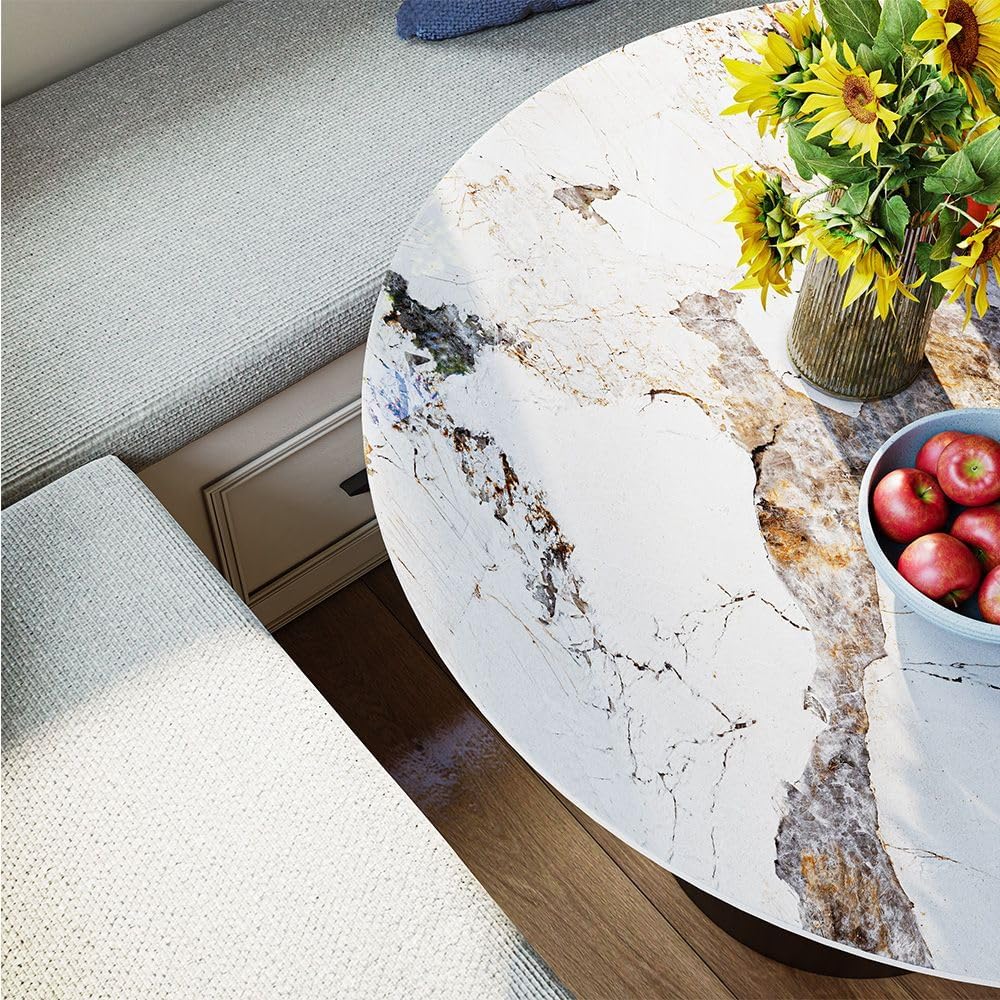 POVISON 35" Round Dining Table, Sintered Stone Top with Metal Pedestal Base, Modern Kitchen Table for Small Spaces, Seats 2-4,Pandora & Bronze(Table Only)