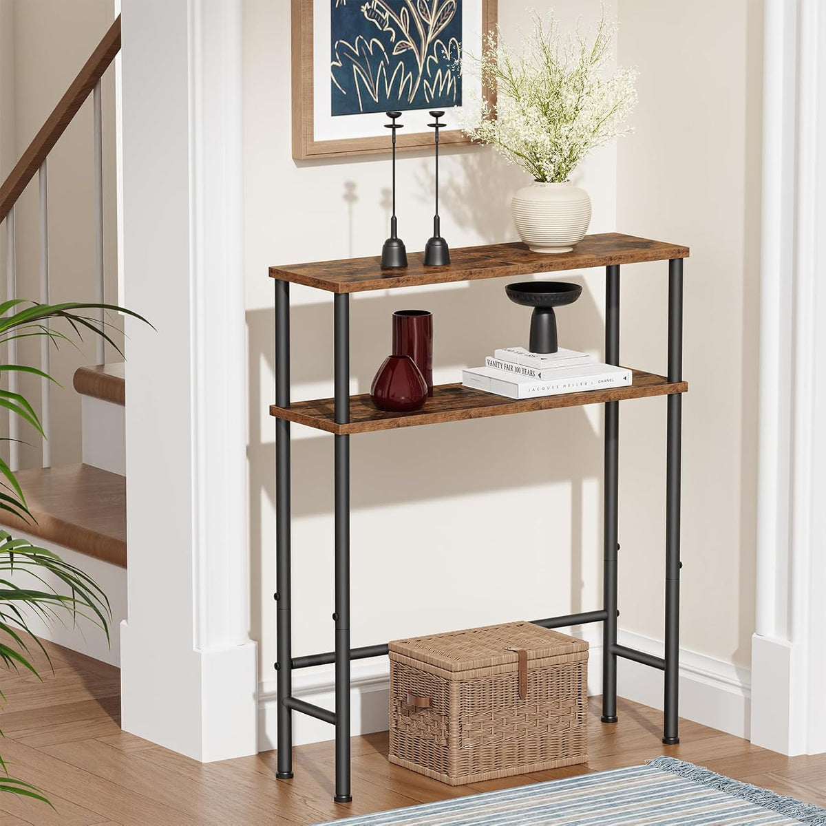 Asgolion Narrow Console Table, 23.6" Small Entryway Table, 2-Tier Sofa Table with Storage, Skinny Console Tables for Entryway, Hallway, Bedroom, Living Room, Foyer, Rustic Brown