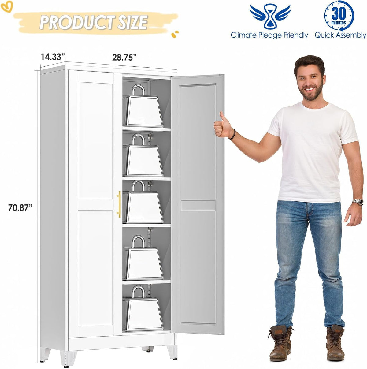 GAIOUS 71" Tall Metal Storage Cabinet with 2 Doors and 4 Adjustable Shelves | Kitchen Pantry Cabinet White Freestanding Cupboard, 5 Tier Multifunctional Steel Storage for Office, Kitchen, Dining Room