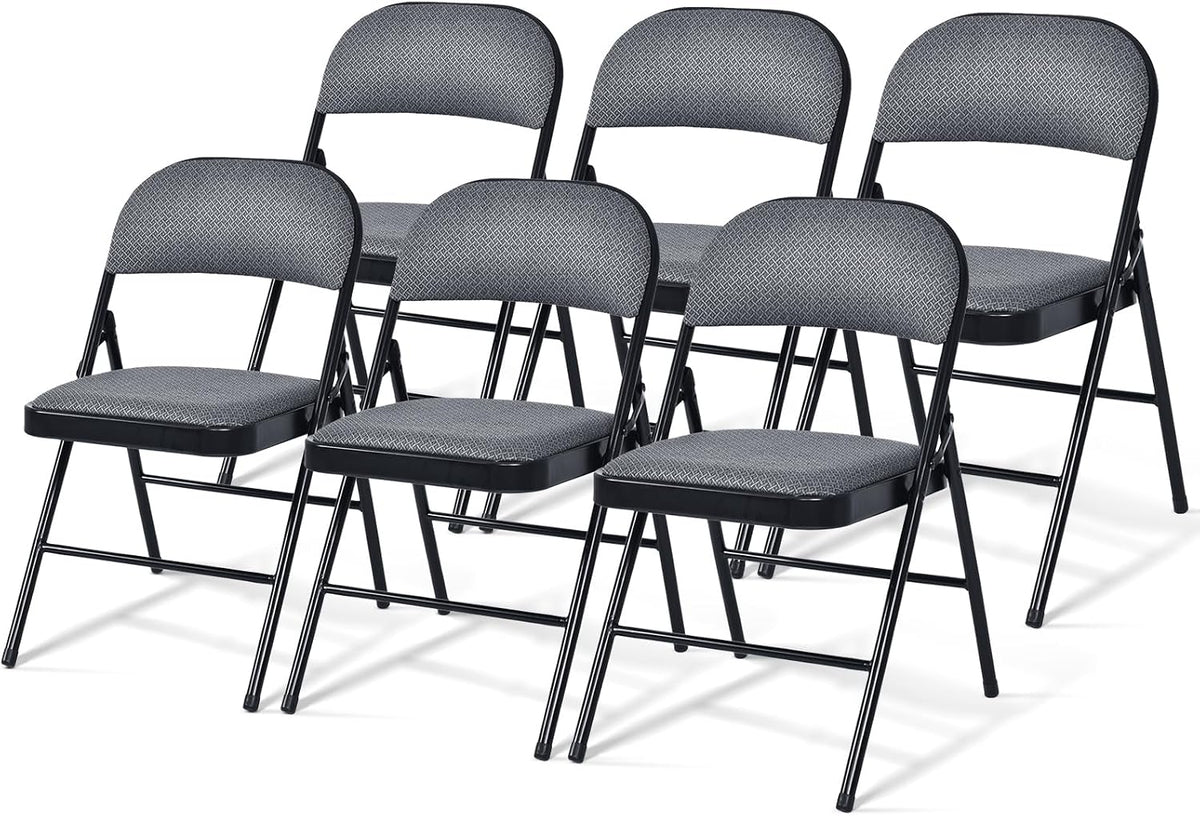 GOFLAME 6 Pack Folding Chairs, Fabric Dining Chair Set with Padded Seat & Metal Frame, Indoor Outdoor Upholstered Commercial Seat for Home Office Events Wedding Party, Grey & Black