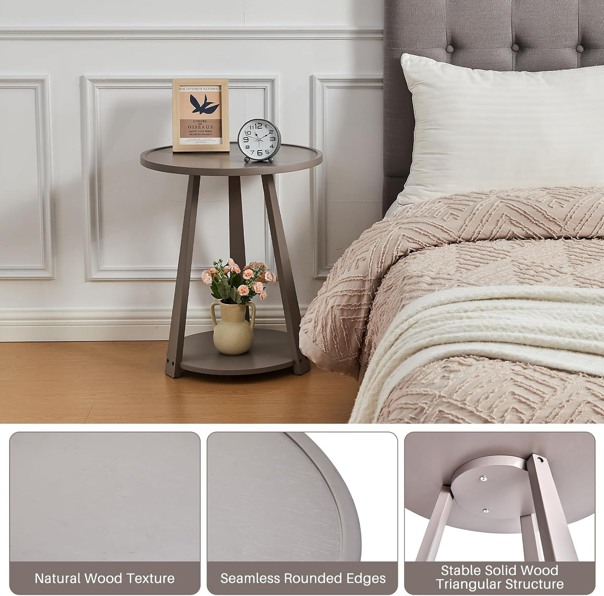 Solid Wood Round Side Table - Small Round Grey End Table, Wooden Modern Bedside Tables Living Room Nightstand with Shelf for Couch Sofa Armchair Bedroom, Gray, 19.6 in x 19.6 in x 23.6 in