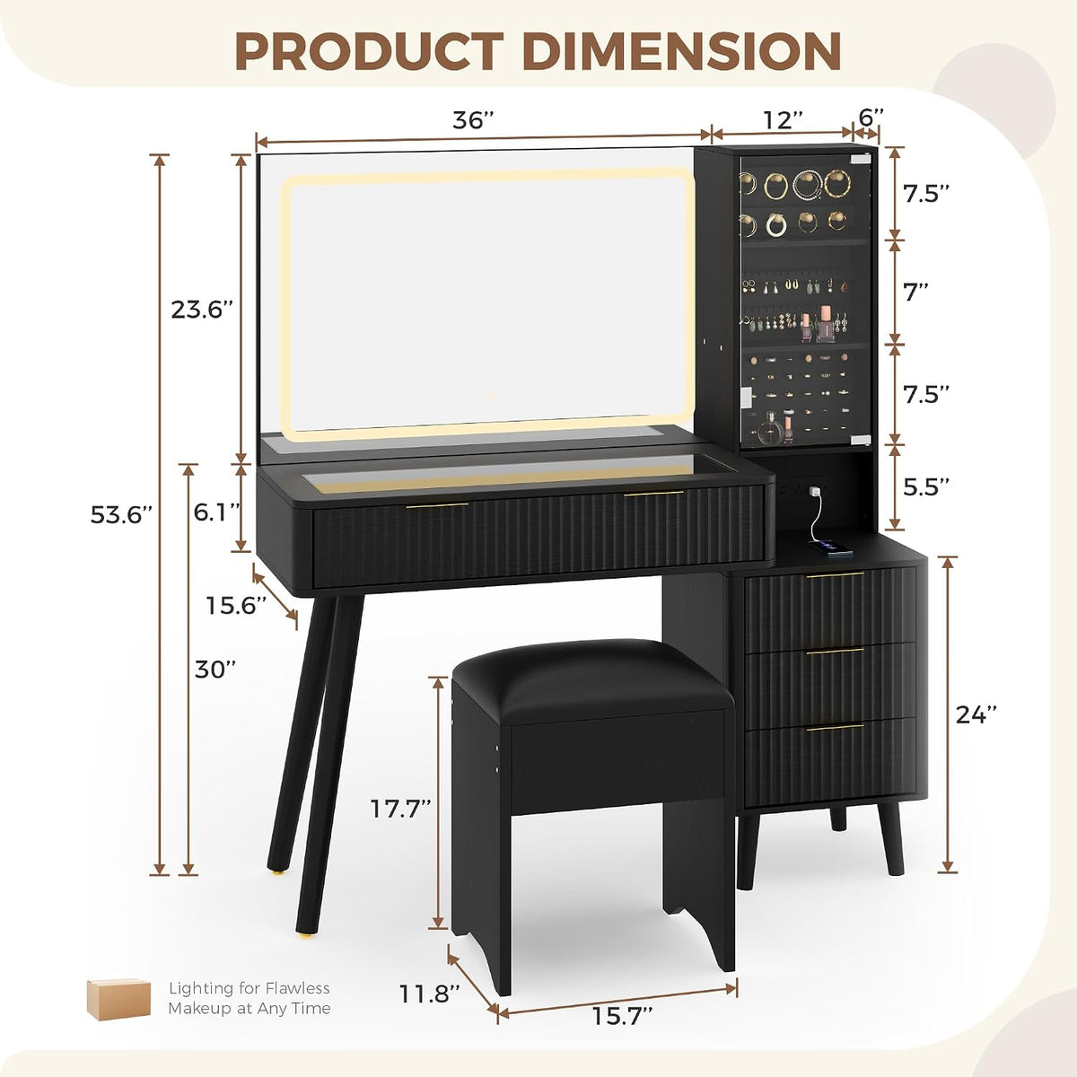 Garvee Vanity Desk with Lighted Mirror, Makeup Vanity with Charging Station, Glass Top Dressing Table with Cushioned Storage Stool for Bedroom, Black