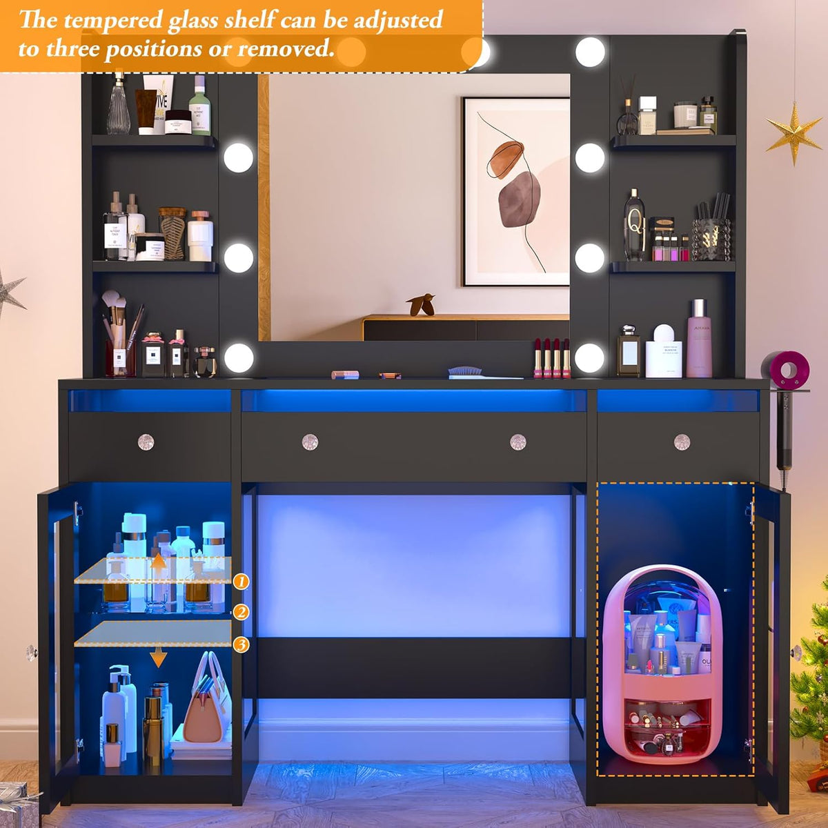 Vanity Desk W/6000-Colors Light&Power Outlet,Makeup Vanity Desk W/LED Mirror and Lights 3 Colors,Transparent GlassTop W/3 RGB Drawers,Hair Tool Holder,2 Large Tempered Cabinets for Bedroom(Black 2)