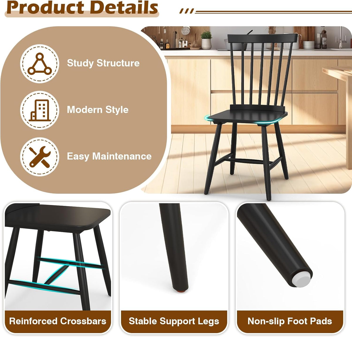 KOTEK Windsor Dining Chairs Set of 4, Wooden Kitchen Chairs with Spindle Back & Wide Seat, 400 LBS Weight Capacity, Armless Side Chairs for Dining Room, Living Room