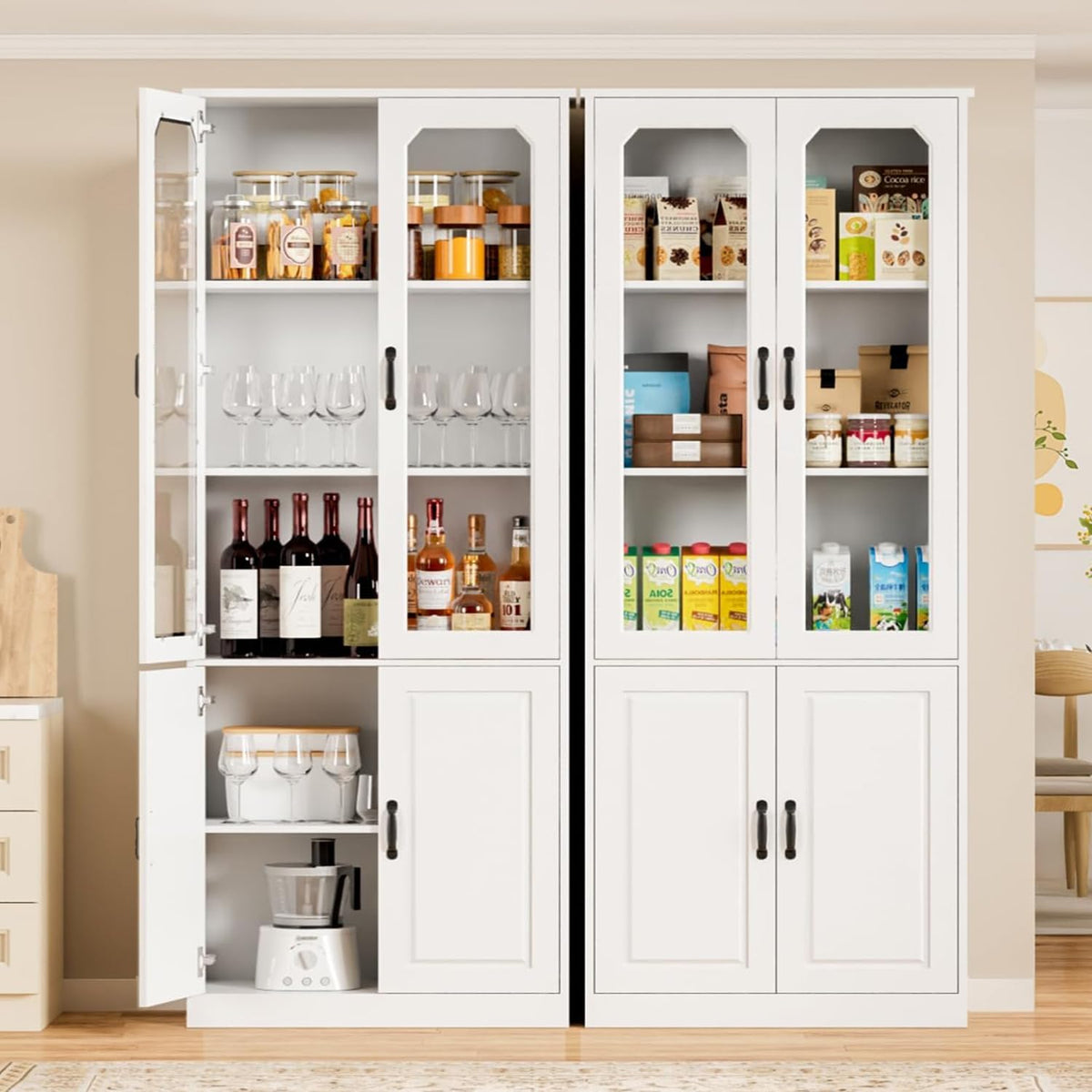 White Kitchen Pantry Cabinet, 78.7" Tall China Cabinet with Glass Doors and Adjustable Shelves, Wooden Display Cabinet for Dining, Living Room, White (Large, 31.5" W)
