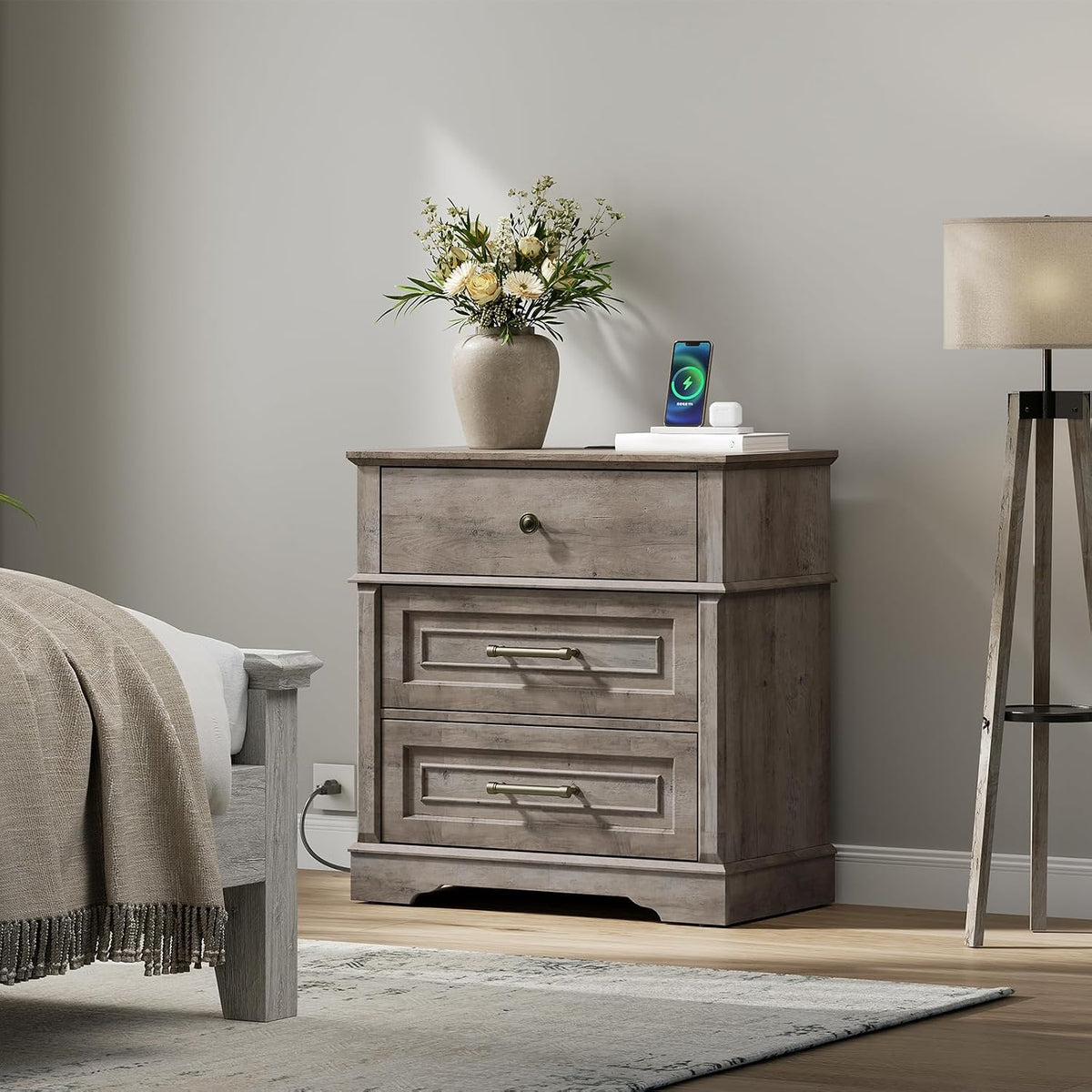 RALGEND 3 Drawer Tall Nightstand with Charging Station, Farmhouse Bedside Table, 27.6" W x 29.5" H, Wide End Table for Bedroom Living Room, End Tables with Charging Station, Greige