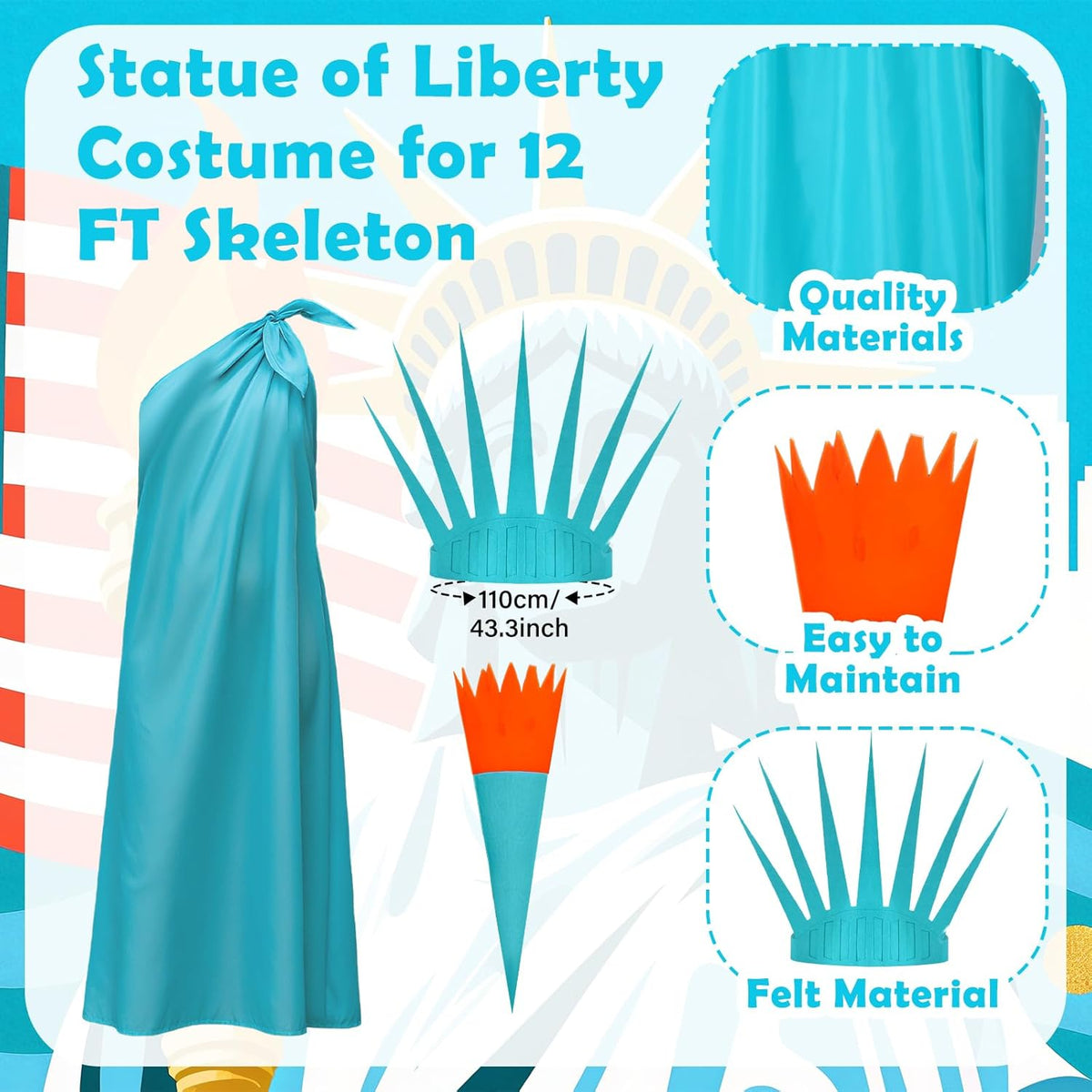 3 Pcs 12 ft Skeleton Accessories Skeleton Statue of Liberty Costume Kit with Crown and Torch Outfit Set Giant Sized Clothing for Outdoor Garden