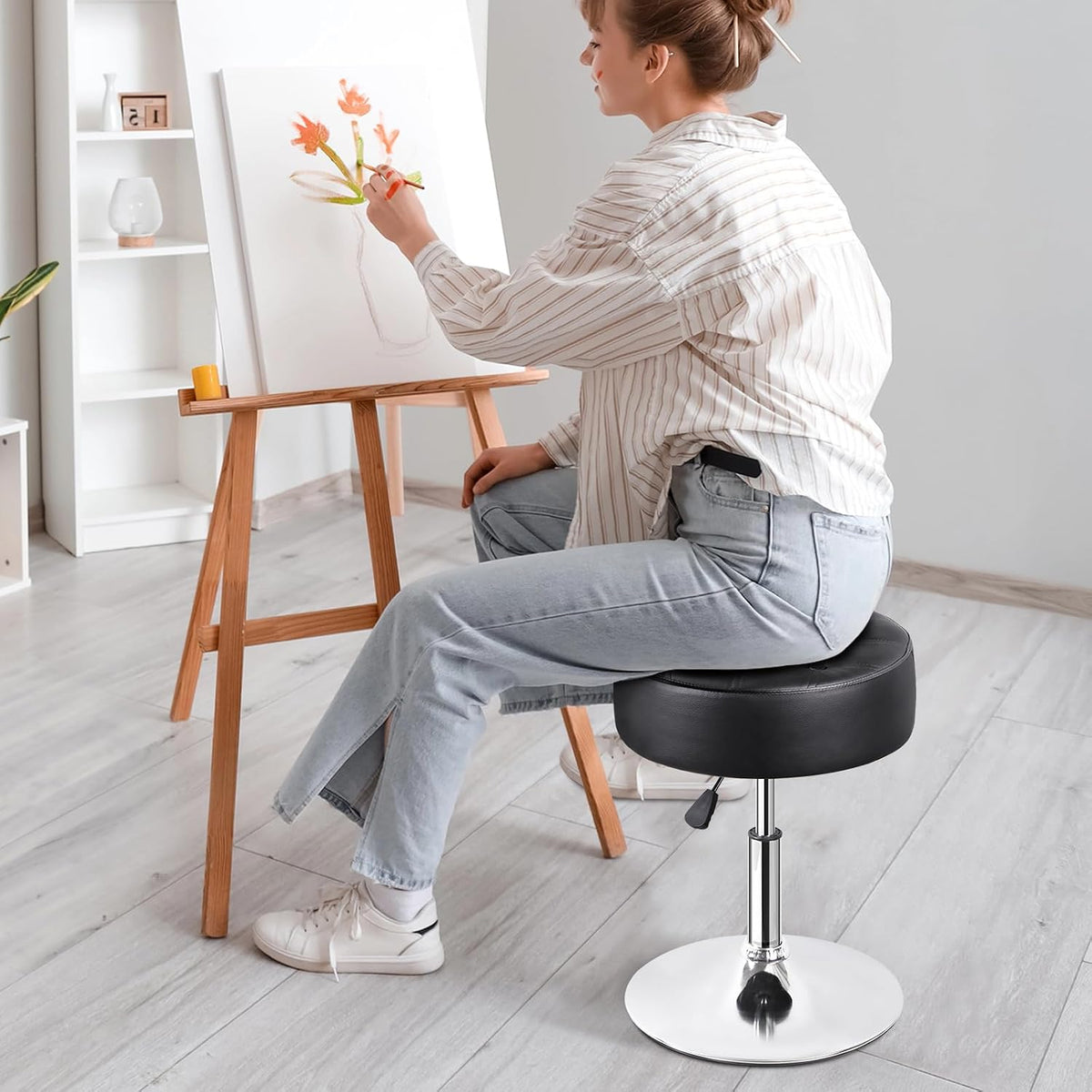 Nova Microdermabrasion Vanity Chair Stool Modern Tufted Round Ottoman Stool Swivel Makeup Chair for Bathroom Bedroom Living Room (Black)