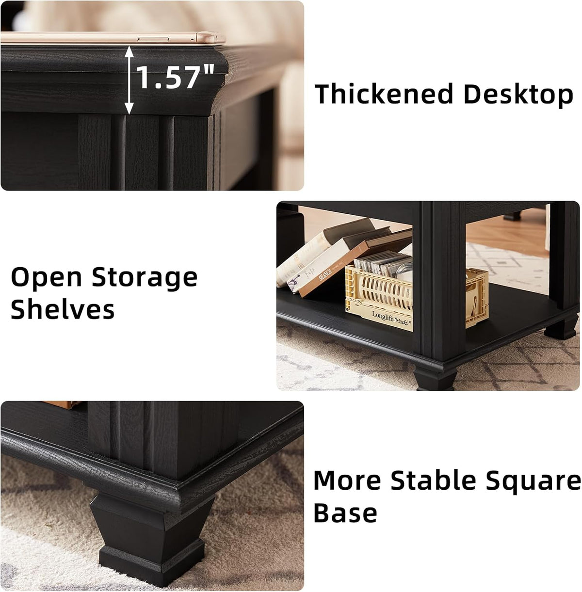 SAVOR LIFE Farmhouse Coffee Table Set of 3, Black | Rustic Wood 3 Piece Coffee and End Table Sets with Open Shelf for Living Room