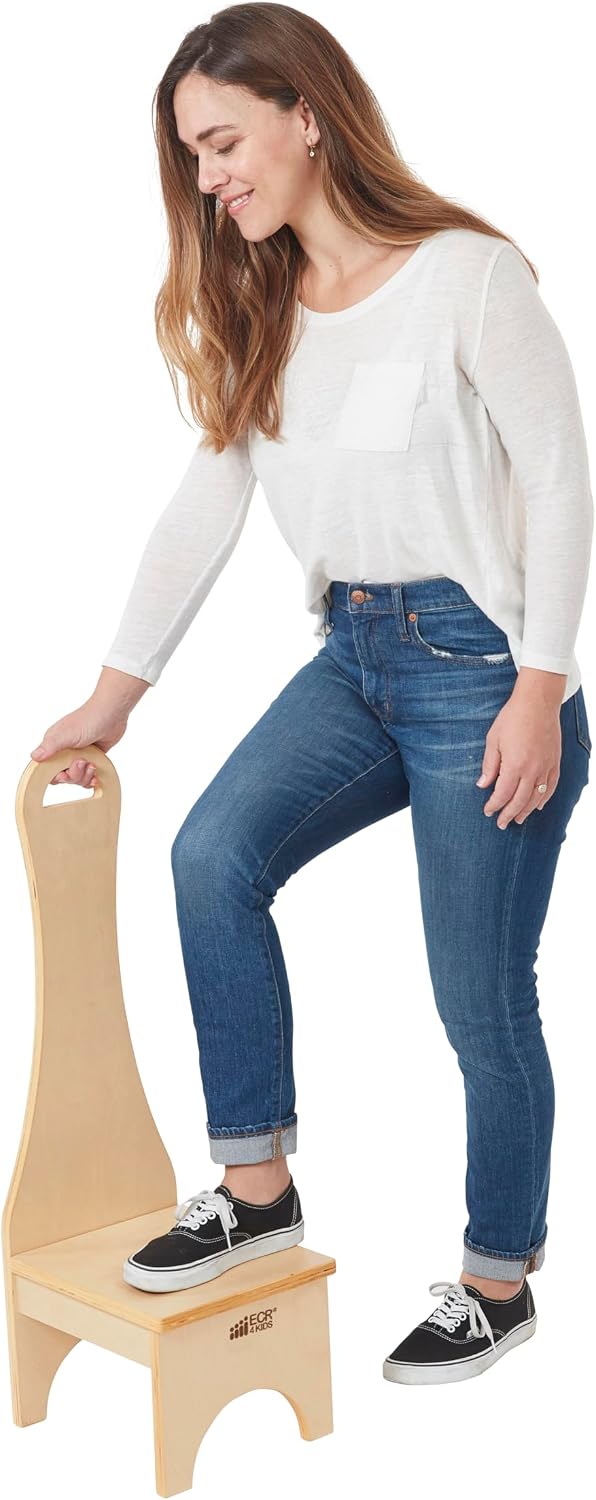 ECR4Kids Step Stool with Long Handle, One Step, Wooden, Montessori Furniture, Natural