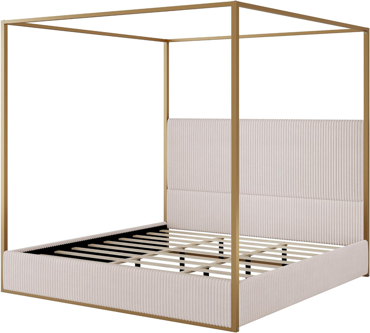 Modern Luxury 4-Poster Canopy Platform Bed King Size with Velvet Upholstered Tall Headboard, Metal Canopied Design Platform Bed Frame with Strong Slats Support (Beige+Gold-King)