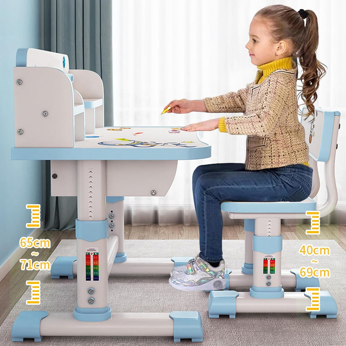 Kids Desk and Chair Set,Height Adjustable Children Study Desk Chair Set,School Student Writing Desk Table with Drawer Bookstand,Ergonomic Student Learning Table Desk Chair for Girl Boy, Blue C