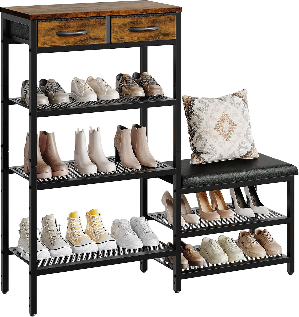 HavenlyYouth Shoe Rack Bench Cushioned with 2 Drawers & 5-Tier Entryway Organizer, Metal Frame Wood Top, Narrow Hallway Bench for Boots, Holds 16-20 Pairs, Space-Saving for Closet & Front Door