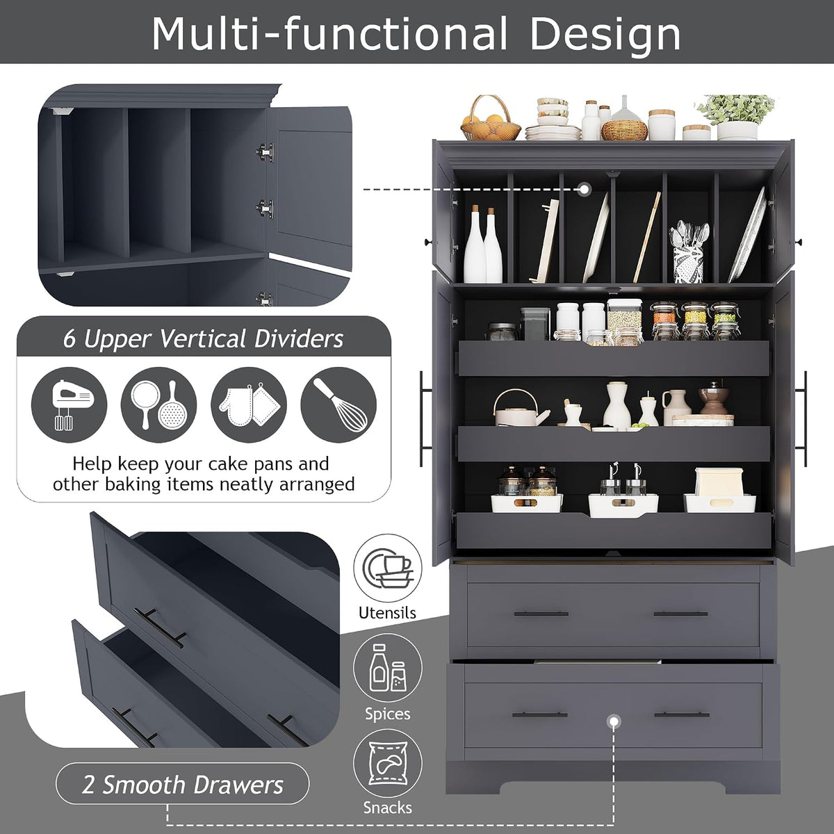 Farmhouse Freestanding Kitchen Pantry, 72.6''H Tall Wooden Kitchen Storage Cabinet with 2 Doors, Pull-out Trays, 2 Drawers and Cake Pan Storage Organizer for Dining Room Living Room (Grey-1.12)
