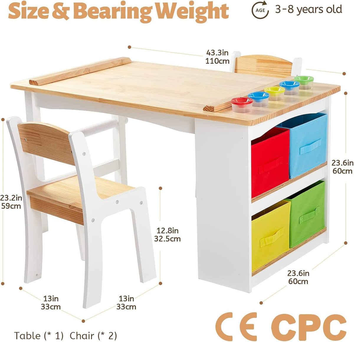 FUNLIO Wooden Kids Art Table & 2 Chairs Set, Kids Craft Table with Large Storage & Paper Rolls for Ages 3-8, Toddler Drawing Table Solid Wood, Easy to Assemble/Clean, CPC & CE Certified