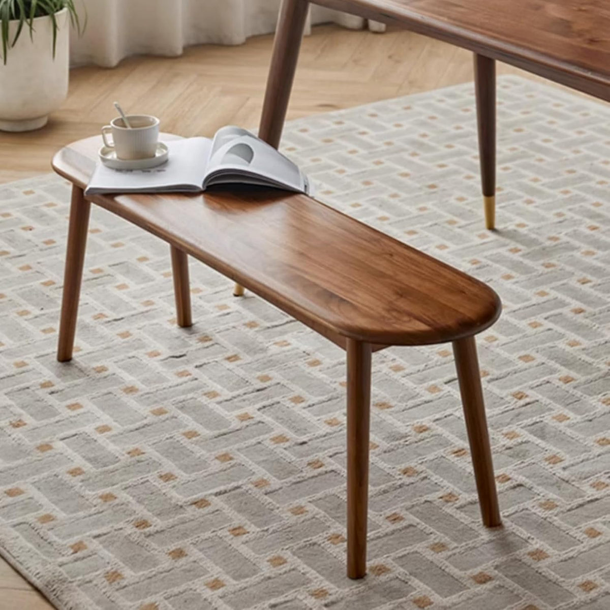 100% Solid Oak Wood Dining Bench, 39.5'' Entryway Bench Ottoman with Rounding Corner Design for Kitchen Living Room Bedroom, Walnut