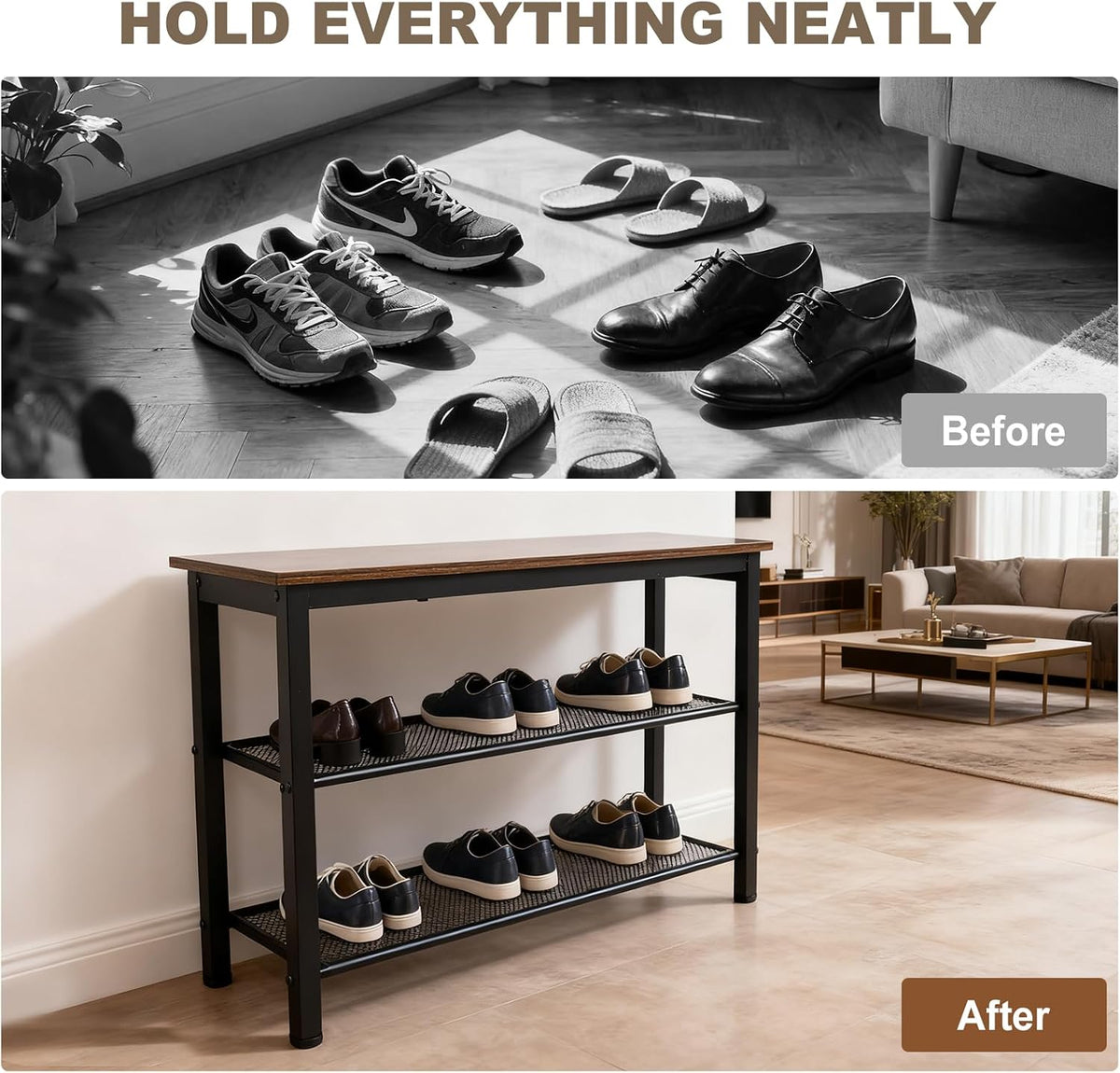 3-Tier Shoe Rack Bench, Industrial Shoe Organizer with Metal Mesh Shelves and Wood Seat, 29.5 Inch Entryway Storage Bench for Living Room or Hallway, Rustic Brown