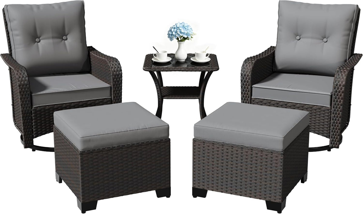 Gotland Outdoor Swivel Chairs Set of 2, 5 Pieces Patio Furniture Set with Ottomans Rattan Coffee Table Thick Cushion, Outdoor Swivel Rocker Wicker Patio Bistro Set for Balcony Porch, Grey