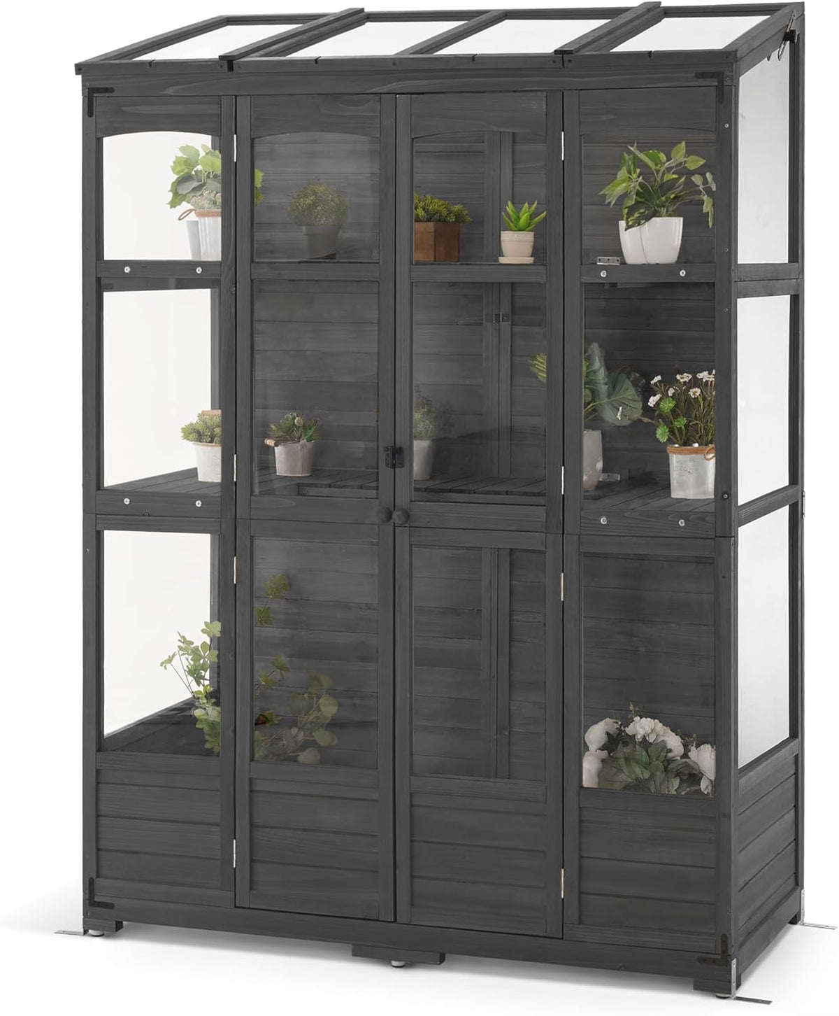 MCombo Wooden Greenhouse, Walk-in Outdoor Greenhouse with Openable Roof and Lockable Door, 0899 (Dark Grey)