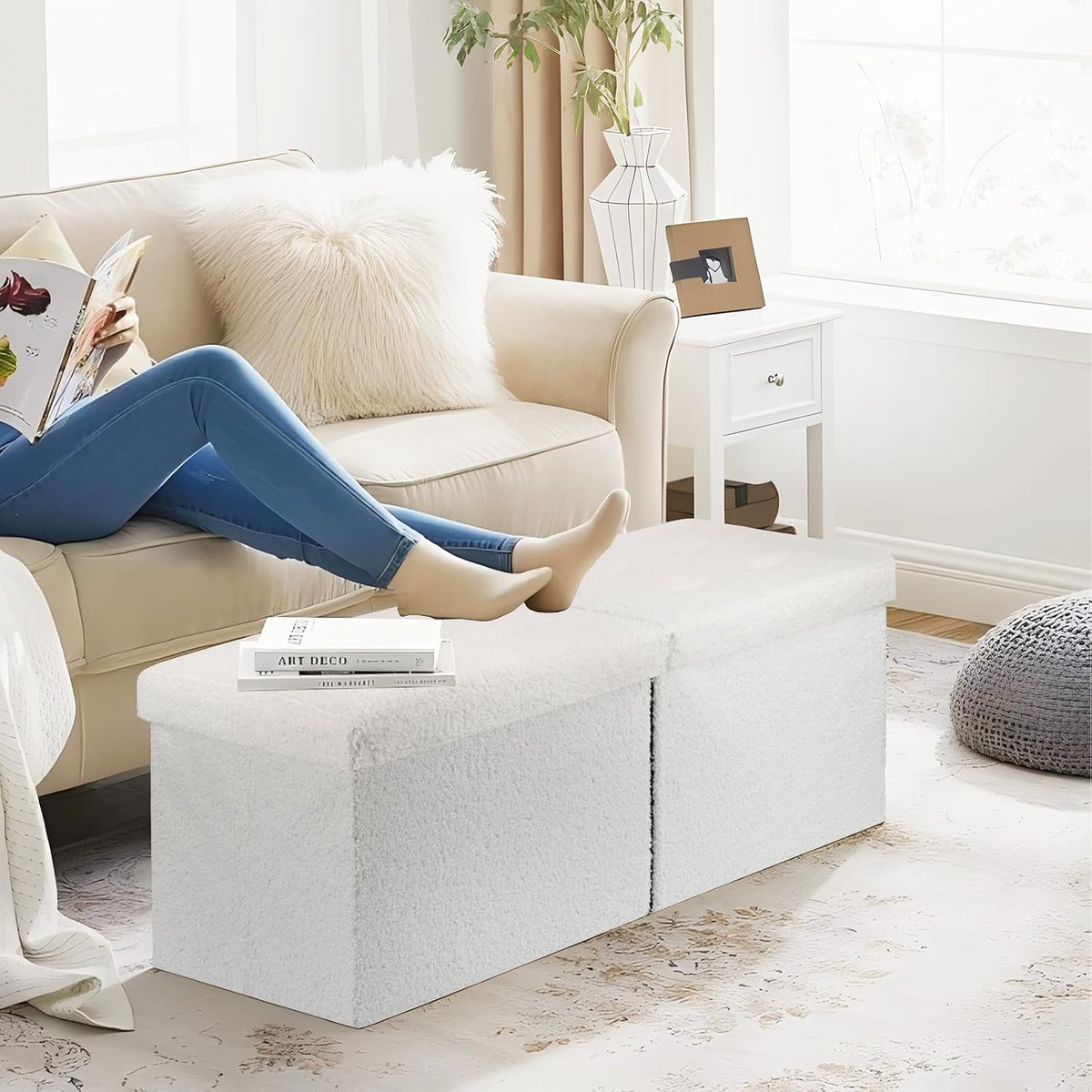 Storage Ottoman Bench, 34" Teddy Velvet Folding Foot Rest, White | Large Ottoman with Storage, Thicker Foam Padded Seat, 34 x 13 x 13in, Livingroom, Dorm, Bedroom, Easy to install, 86L