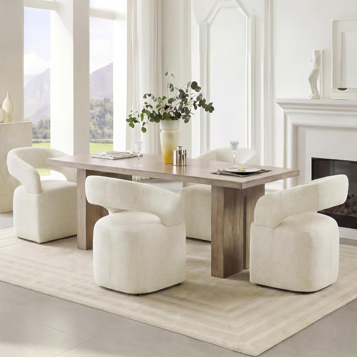 KISLOT Upholstered Dining Chairs Set of 1, Modern Arm Kitchen & Dining Room Chairs with Hidden Casters, Linen Fabric Padded Rolling Chairs, Sturdy Wood Frame, 300 lbs Capacity, Cream Beige