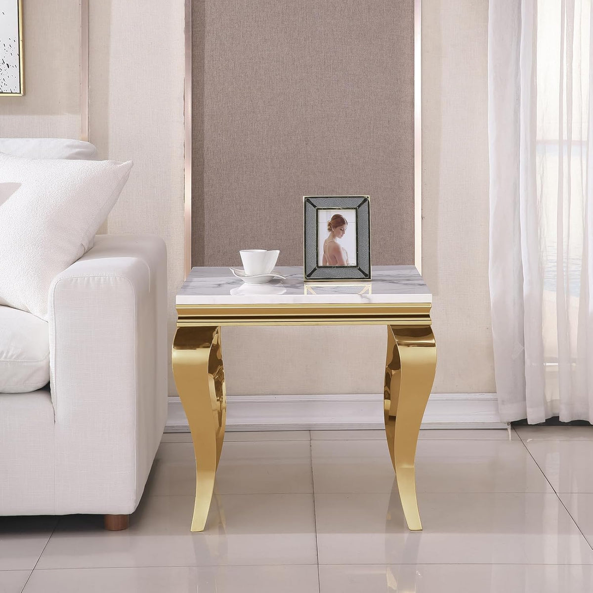 Marble End Table, Modern White Faux Marble Sofa Side Table with Gold Stainless Steel Legs, Luxury Sqaure Accent Side Table Bedside Table Nightstand for Living Room Bedroom Office