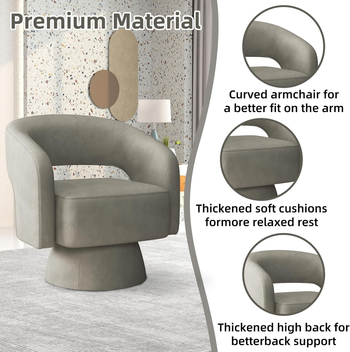 INZOY Swivel Barrel Chair with Velvet Fabric, Swivel Accent Chair with Thickened Soft Cushion, Comfy Round Swivel Chair for Living Room Bedroom, Grey