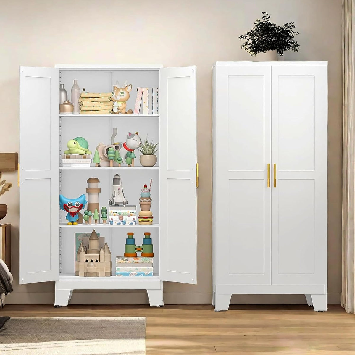Metal Storage Cabinet with Doors and Shelves, 61" Tall Kitchen Pantry Storage Cabinet for Food, Large Freestanding Pantry Closet for Kitchen, Dining Room, Living Room (White)