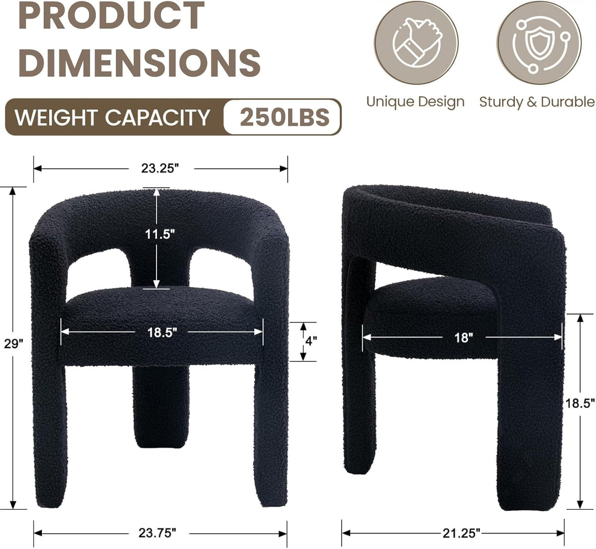 HNY Modern Barrel Kitchen & Dining Room Chairs Set of 6, Sherpa Upholstered Accent Chairs with Arm, 18.5'' Wide Side Armchairs Vanity Chairs for Living Room Bedroom Makeup Small Spaces, Black