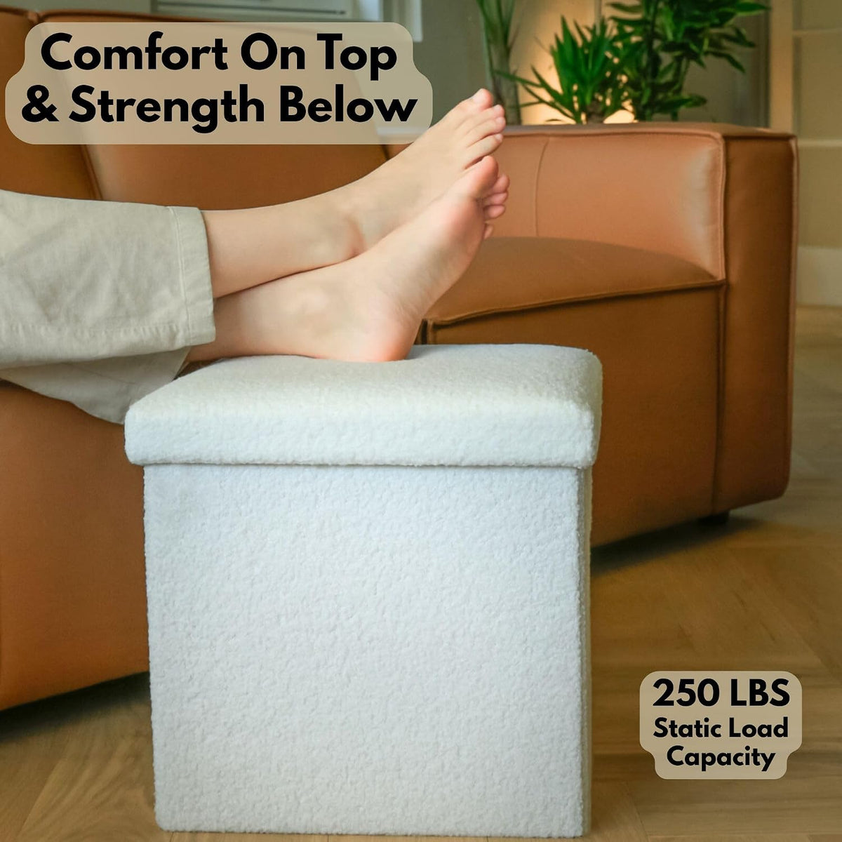 Luxe Go-Poufs Faux Fur Boucle Storage Ottoman, White, 15x15x15 in | Knock-Down Assembly, No Tools Required, Folding Flat Design, Hidden Compartment, Teddy Texture